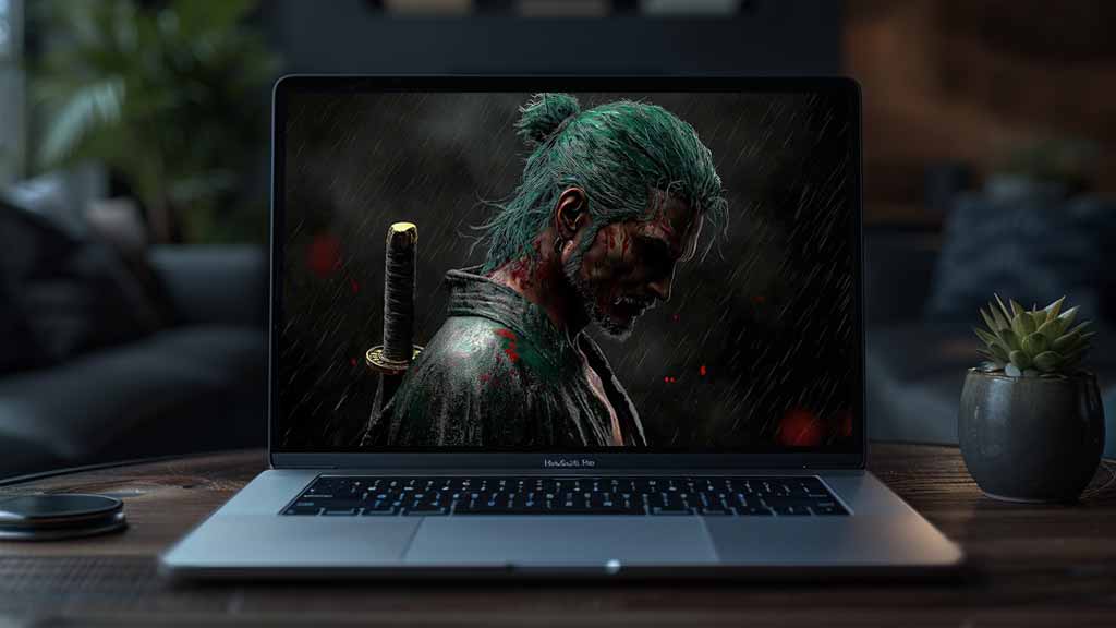 Fond d'écran 4K de Roronoa Zoro sous la pluie sombre avec katana et cheveux verts - Arrière-plan dramatique de profil de samouraï de l'anime One Piece, téléchargement gratuit pour PC et téléphone portable