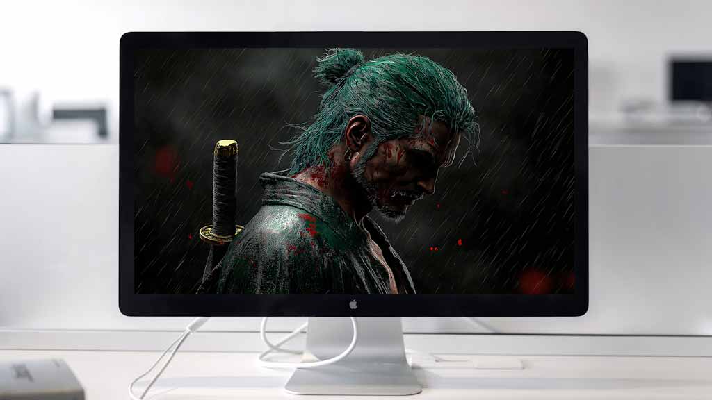 Fond d'écran 4K de Roronoa Zoro sous la pluie sombre avec katana et cheveux verts - Arrière-plan dramatique de profil de samouraï de l'anime One Piece, téléchargement gratuit pour PC et téléphone portable