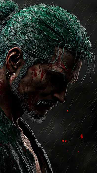 Fond d'écran 4K de Roronoa Zoro sous la pluie sombre avec katana et cheveux verts - Arrière-plan dramatique de profil de samouraï de l'anime One Piece, téléchargement gratuit pour PC et téléphone portable