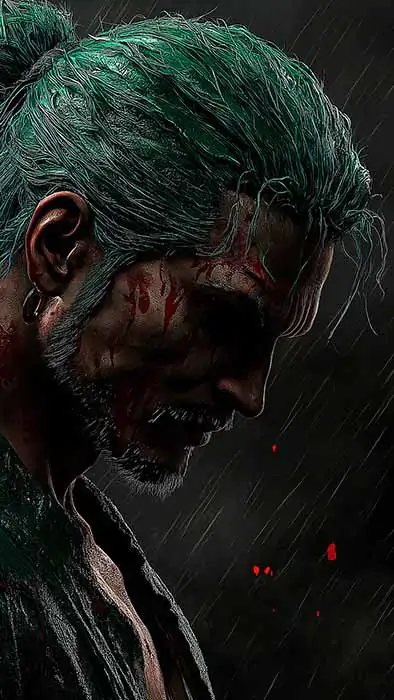 Roronoa Zoro dark rain wallpaper 4k with katana and green hair - One Piece anime dramatic samurai profile background free Download for Pc & mobile phone