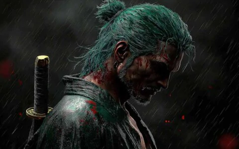 Roronoa Zoro dark rain wallpaper 4k with katana and green hair - One Piece anime dramatic samurai profile background free Download for Pc & mobile phone