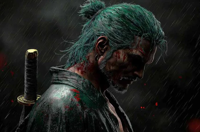 Fond d'écran 4K de Roronoa Zoro sous la pluie sombre avec katana et cheveux verts - Arrière-plan dramatique de profil de samouraï de l'anime One Piece, téléchargement gratuit pour PC et téléphone portable