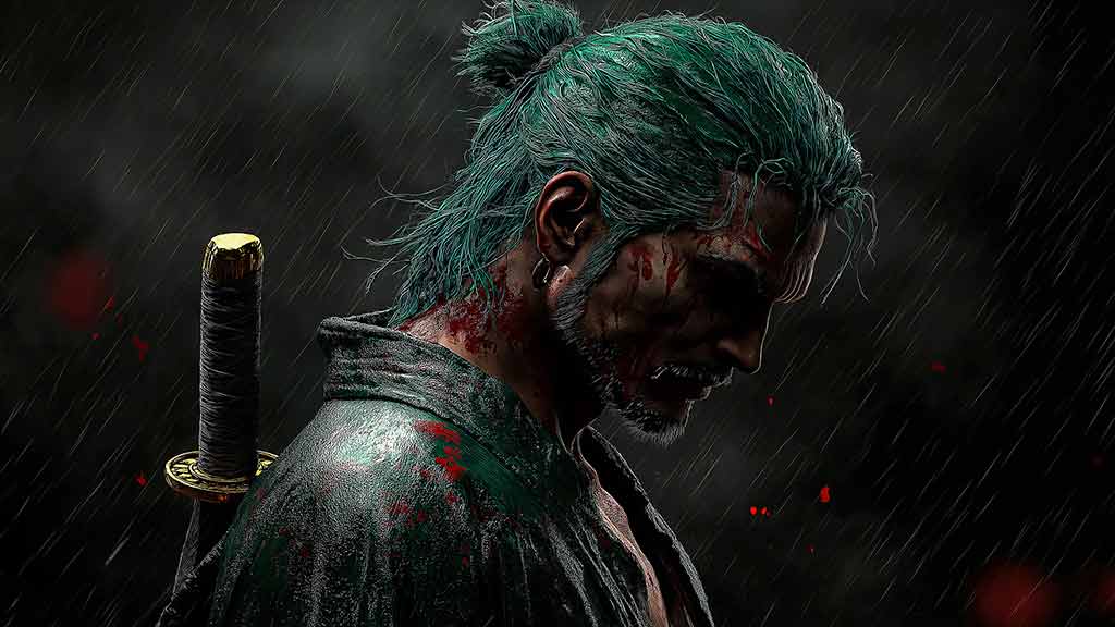 Fond d'écran 4K de Roronoa Zoro sous la pluie sombre avec katana et cheveux verts - Arrière-plan dramatique de profil de samouraï de l'anime One Piece, téléchargement gratuit pour PC et téléphone portable