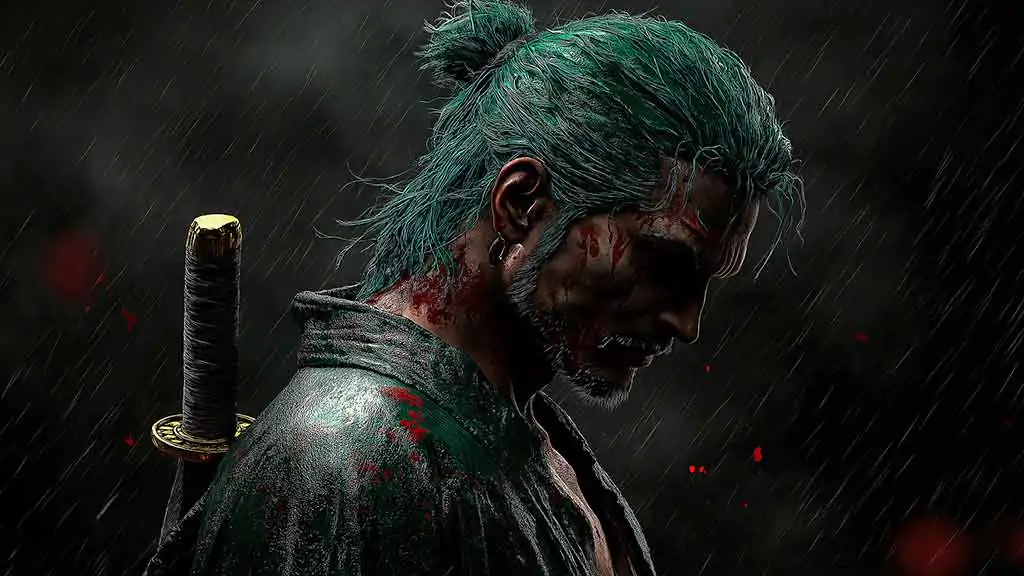 Roronoa Zoro dark rain wallpaper 4k with katana and green hair - One Piece anime dramatic samurai profile background free Download for Pc & mobile phone