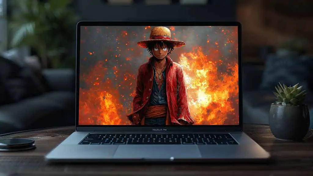 Fond d'écran épique de Monkey D Luffy en 4K avec veste rouge et chapeau de paille entouré de flammes, art d'arrière-plan One Piece en Ultra HD gratuit à télécharger pour PC et téléphone portable