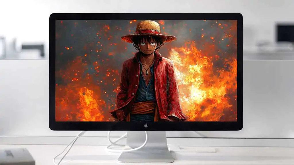 Fond d'écran épique de Monkey D Luffy en 4K avec veste rouge et chapeau de paille entouré de flammes, art d'arrière-plan One Piece en Ultra HD gratuit à télécharger pour PC et téléphone portable