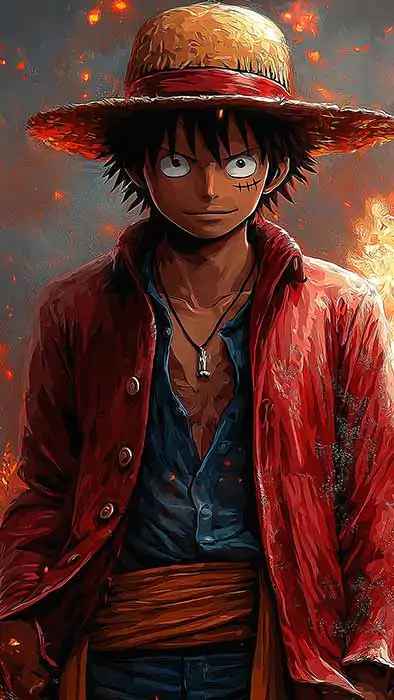 Epic Monkey D Luffy character wallpaper 4K red jacket and straw hat surrounded by flames, One Piece Ultra HD background art free download for Pc & Mobile phone