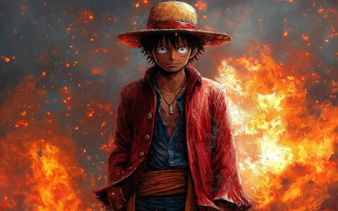 Fond d'écran épique de Monkey D Luffy en 4K avec veste rouge et chapeau de paille entouré de flammes, art d'arrière-plan One Piece en Ultra HD gratuit à télécharger pour PC et téléphone portable