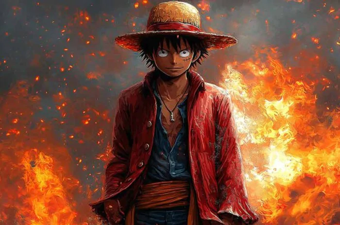 Epic Monkey D Luffy character wallpaper 4K red jacket and straw hat surrounded by flames, One Piece Ultra HD background art free download for Pc & Mobile phone