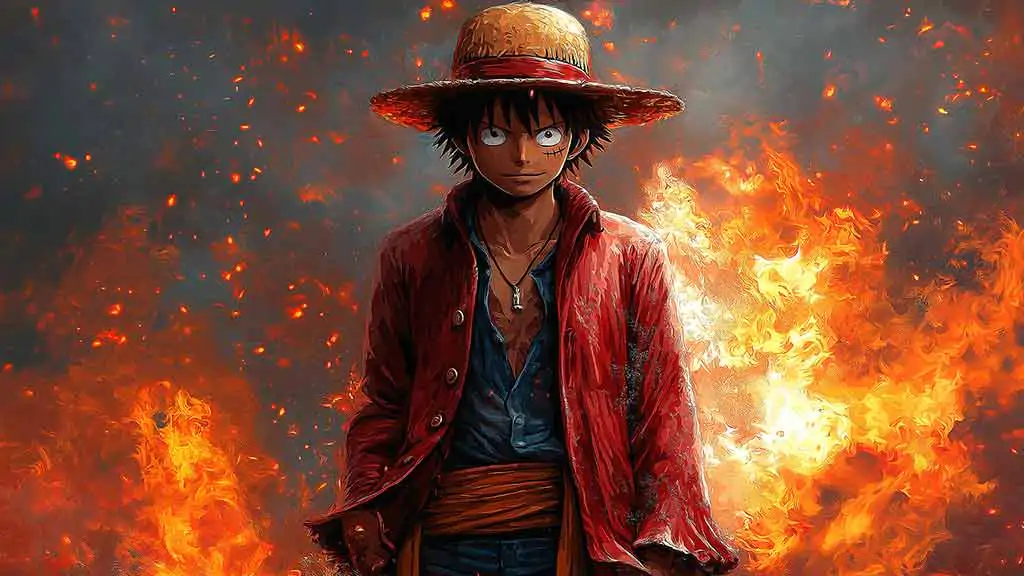 Epic Monkey D Luffy character wallpaper 4K red jacket and straw hat surrounded by flames, One Piece Ultra HD background art free download for Pc & Mobile phone