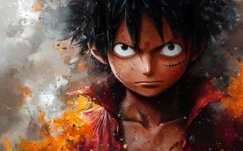 Artistic watercolor portrait of determined Monkey D. Luffy with intense expression wallpaper 4K One Piece background free download for PC & Mobile phone