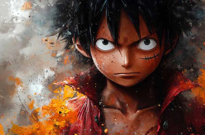 Artistic watercolor portrait of determined Monkey D. Luffy with intense expression wallpaper 4K One Piece background free download for PC & Mobile phone