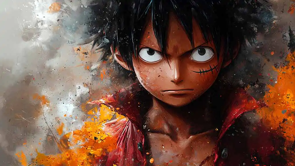 Artistic watercolor portrait of determined Monkey D. Luffy with intense expression wallpaper 4K One Piece background free download for PC & Mobile phone