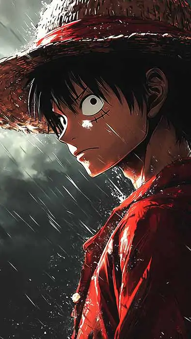 Fond d'écran dramatique 4K de Monkey D Luffy sous la pluie et l'orage, arrière-plan Ultra HD One Piece gratuit à télécharger pour PC, téléphone portable et iPhone