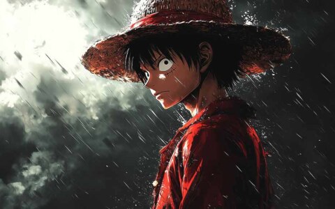 Fond d'écran dramatique 4K de Monkey D Luffy sous la pluie et l'orage, arrière-plan Ultra HD One Piece gratuit à télécharger pour PC, téléphone portable et iPhone