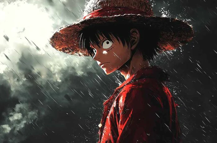 Fond d'écran dramatique 4K de Monkey D Luffy sous la pluie et l'orage, arrière-plan Ultra HD One Piece gratuit à télécharger pour PC, téléphone portable et iPhone