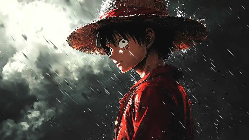 Fond d'écran dramatique 4K de Monkey D Luffy sous la pluie et l'orage, arrière-plan Ultra HD One Piece gratuit à télécharger pour PC, téléphone portable et iPhone