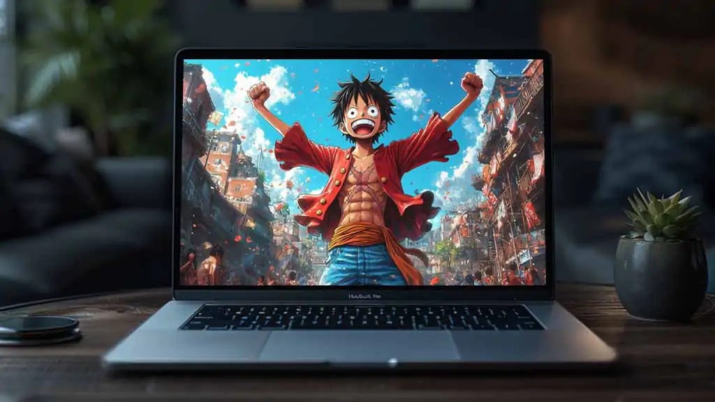 Energetic Monkey D. Luffy celebrating with arms raised against bright blue sky wallpaper 4k ultra HD background free Donwload for Pc & Mobile