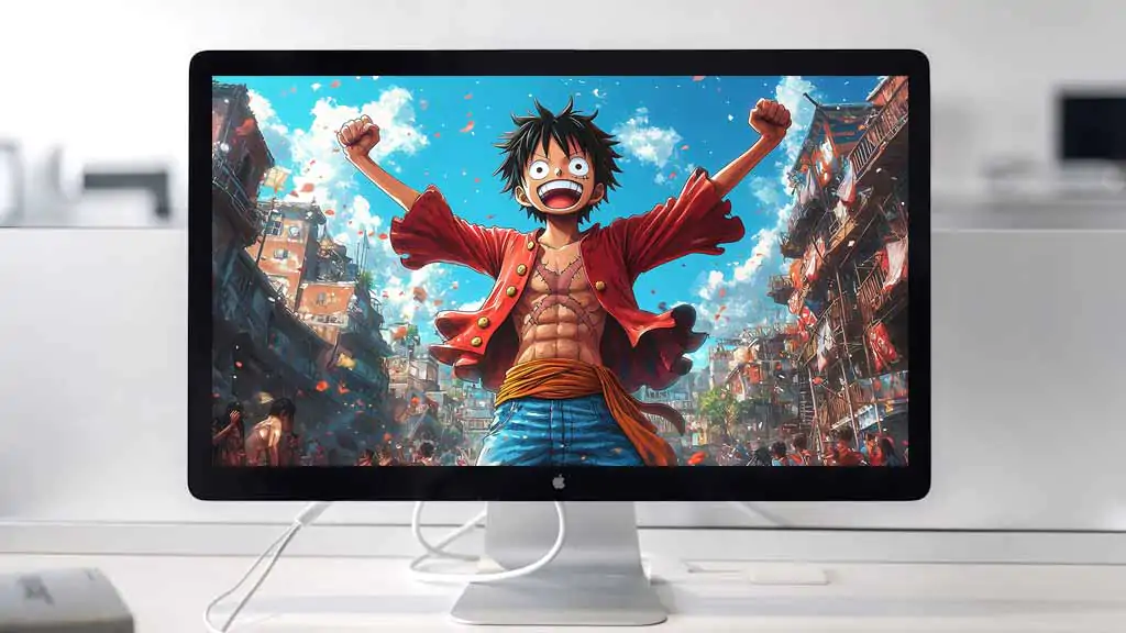 Monkey D. Luffy énergique célébrant avec les bras levés contre le ciel bleu lumineux fond d'écran 4k ultra HD gratuit Donwload pour Pc & Mobile