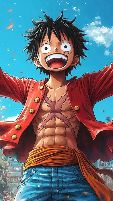 Monkey D. Luffy énergique célébrant avec les bras levés contre le ciel bleu lumineux fond d'écran 4k ultra HD gratuit Donwload pour Pc & Mobile