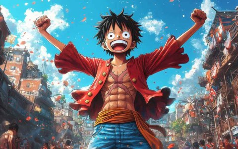Monkey D. Luffy énergique célébrant avec les bras levés contre le ciel bleu lumineux fond d'écran 4k ultra HD gratuit Donwload pour Pc & Mobile