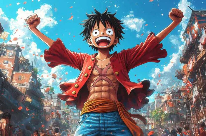 Energetic Monkey D. Luffy celebrating with arms raised against bright blue sky wallpaper 4k ultra HD background free Donwload for Pc & Mobile