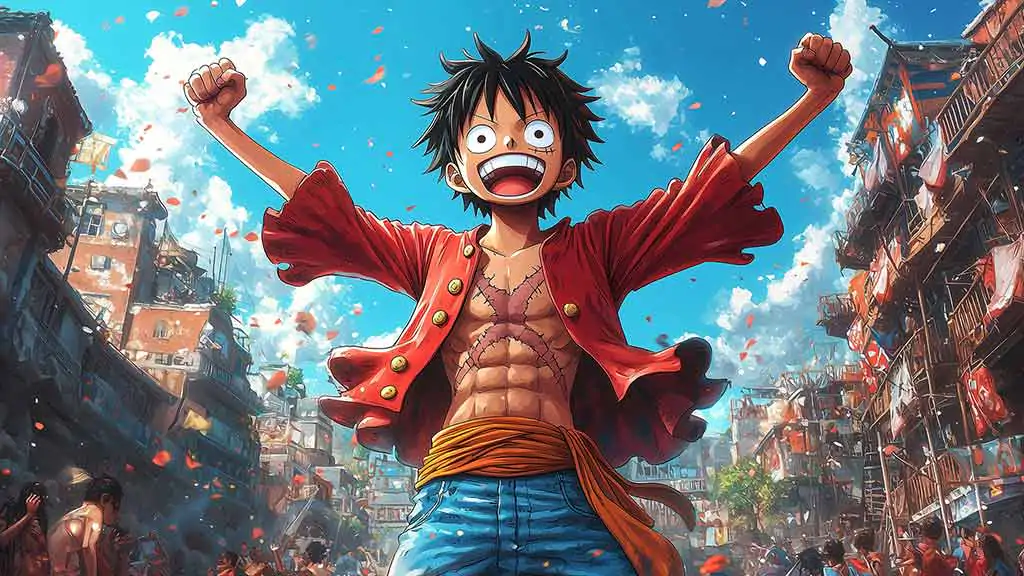 Energetic Monkey D. Luffy celebrating with arms raised against bright blue sky wallpaper 4k ultra HD background free Donwload for Pc & Mobile