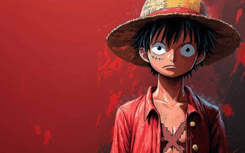 Fond d'écran 4K du personnage d'anime Monkey D. Luffy avec chapeau de paille sur fond rouge, Art Ultra HD One Piece gratuit à télécharger pour PC et téléphone portable