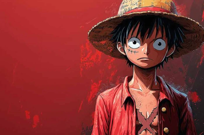 Fond d'écran 4K du personnage d'anime Monkey D. Luffy avec chapeau de paille sur fond rouge, Art Ultra HD One Piece gratuit à télécharger pour PC et téléphone portable