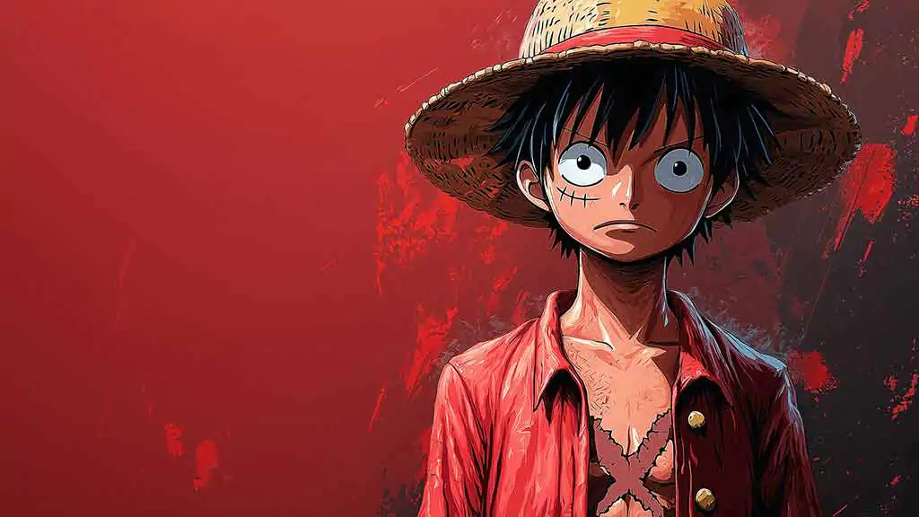 Monkey D. Luffy anime character wallpaper 4K straw hat against red background, Ultra HD One Piece Art free download for Pc & Mobile phone