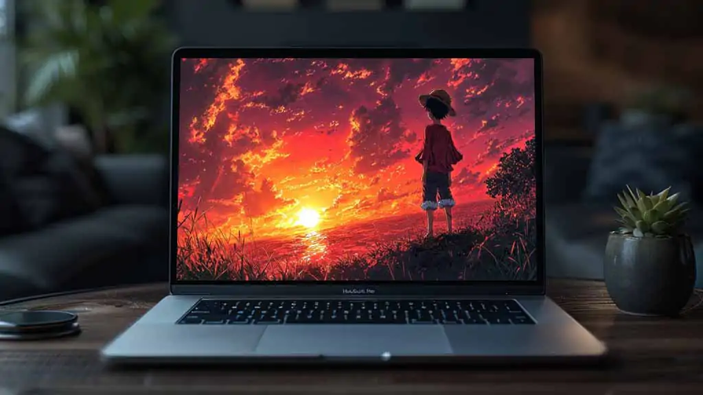 Silhouette de Monkey D. Luffy en fond d'écran 4k debout sur une colline regardant un coucher de soleil orange et rouge dramatique Fond d'écran HD à télécharger gratuitement pour PC & Téléphone portable