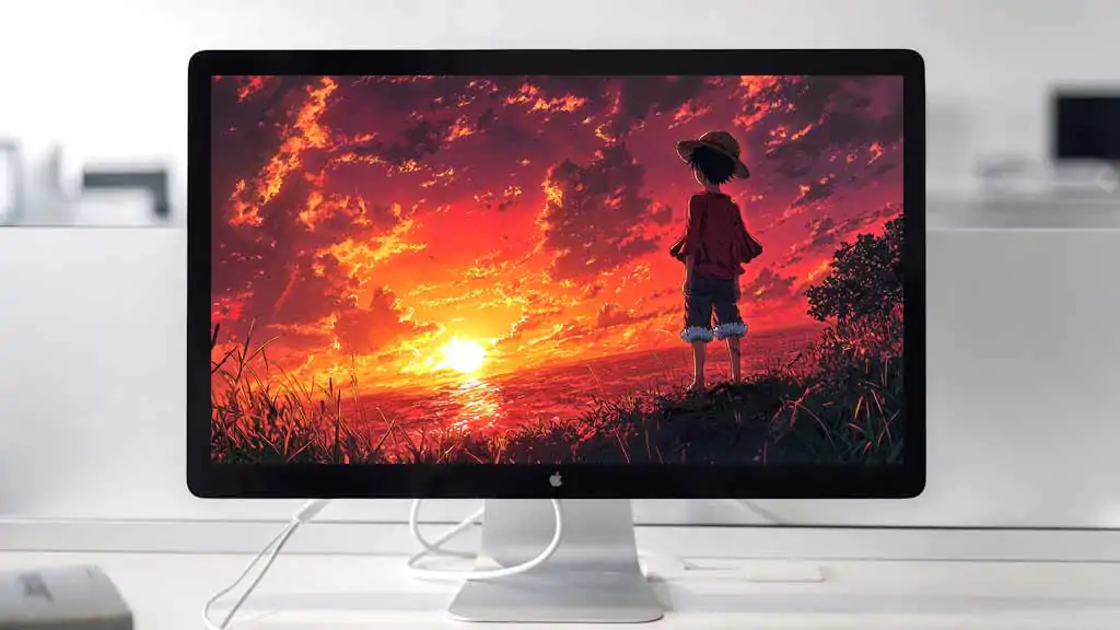 Silhouette de Monkey D. Luffy en fond d'écran 4k debout sur une colline regardant un coucher de soleil orange et rouge dramatique Fond d'écran HD à télécharger gratuitement pour PC & Téléphone portable