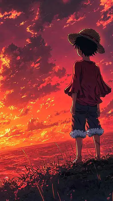 Silhouette de Monkey D. Luffy en fond d'écran 4k debout sur une colline regardant un coucher de soleil orange et rouge dramatique Fond d'écran HD à télécharger gratuitement pour PC & Téléphone portable