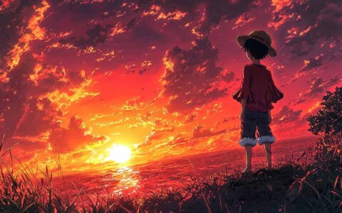 Silhouette de Monkey D. Luffy en fond d'écran 4k debout sur une colline regardant un coucher de soleil orange et rouge dramatique Fond d'écran HD à télécharger gratuitement pour PC & Téléphone portable