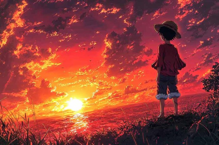 Silhouette de Monkey D. Luffy en fond d'écran 4k debout sur une colline regardant un coucher de soleil orange et rouge dramatique Fond d'écran HD à télécharger gratuitement pour PC & Téléphone portable