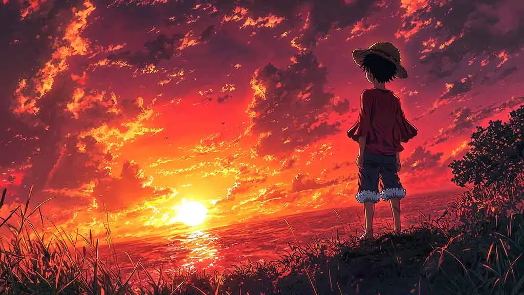 Silhouette de Monkey D. Luffy en fond d'écran 4k debout sur une colline regardant un coucher de soleil orange et rouge dramatique Fond d'écran HD à télécharger gratuitement pour PC & Téléphone portable