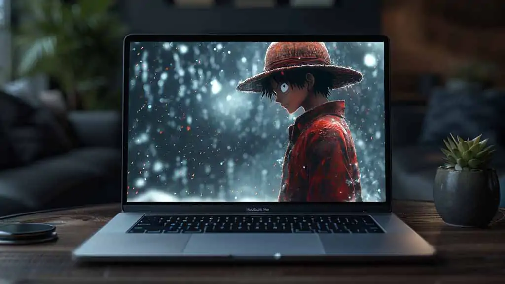 Fond d'écran d'hiver 4K de One Piece Monkey D. Luffy représentant le capitaine pirate en manteau rouge et chapeau de paille sur fond de neige à télécharger gratuitement pour pc et téléphones portables.