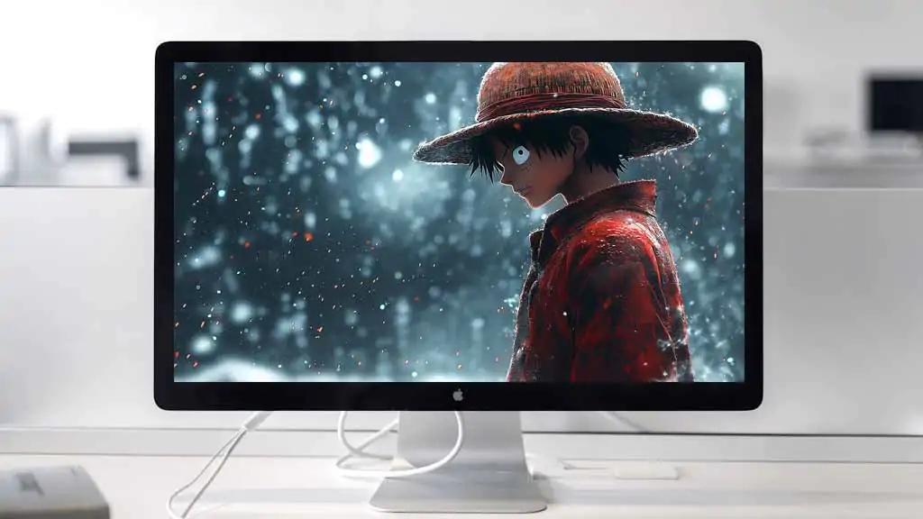 Fond d'écran d'hiver 4K de One Piece Monkey D. Luffy représentant le capitaine pirate en manteau rouge et chapeau de paille sur fond de neige à télécharger gratuitement pour pc et téléphones portables.