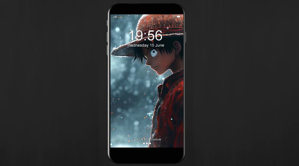 Fond d'écran d'hiver 4K de One Piece Monkey D. Luffy représentant le capitaine pirate en manteau rouge et chapeau de paille sur fond de neige à télécharger gratuitement pour pc et téléphones portables.