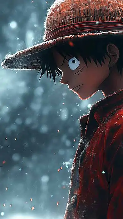 Fond d'écran d'hiver 4K de One Piece Monkey D. Luffy représentant le capitaine pirate en manteau rouge et chapeau de paille sur fond de neige à télécharger gratuitement pour pc et téléphones portables.