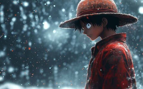 Fond d'écran d'hiver 4K de One Piece Monkey D. Luffy représentant le capitaine pirate en manteau rouge et chapeau de paille sur fond de neige à télécharger gratuitement pour pc et téléphones portables.