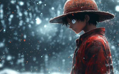 One Piece Monkey D. Luffy winter wallpaper 4K featuring the pirate captain in red coat and straw hat against snowy background free download for pc and mobile phones