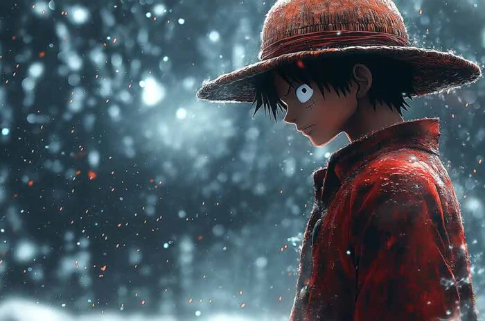 Fond d'écran d'hiver 4K de One Piece Monkey D. Luffy représentant le capitaine pirate en manteau rouge et chapeau de paille sur fond de neige à télécharger gratuitement pour pc et téléphones portables.