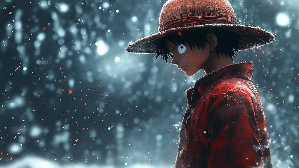 Fond d'écran d'hiver 4K de One Piece Monkey D. Luffy représentant le capitaine pirate en manteau rouge et chapeau de paille sur fond de neige à télécharger gratuitement pour pc et téléphones portables.