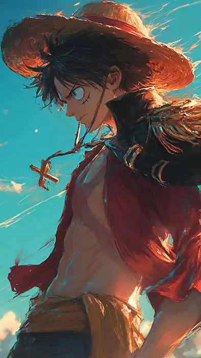 Fond d'écran d'action One Piece Monkey D. Luffy 4K montrant le capitaine pirate dans une pose dramatique sur fond de ciel turquoise vibrant, avec une veste rouge fluide et un chapeau de paille.