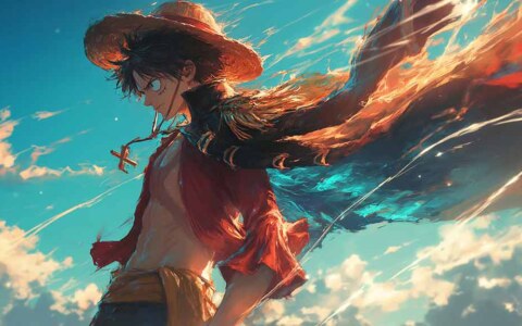 Fond d'écran d'action One Piece Monkey D. Luffy 4K montrant le capitaine pirate dans une pose dramatique sur fond de ciel turquoise vibrant, avec une veste rouge fluide et un chapeau de paille.