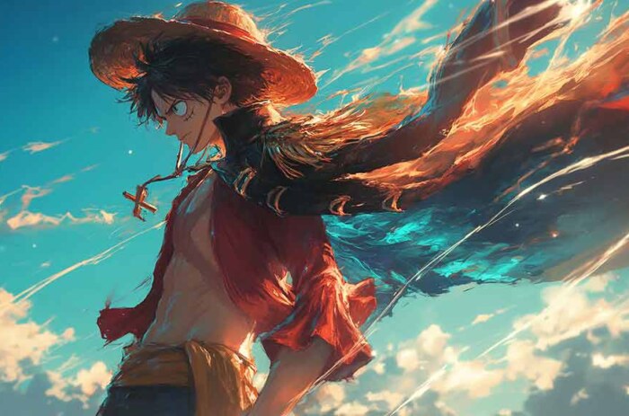 Fond d'écran d'action One Piece Monkey D. Luffy 4K montrant le capitaine pirate dans une pose dramatique sur fond de ciel turquoise vibrant, avec une veste rouge fluide et un chapeau de paille.