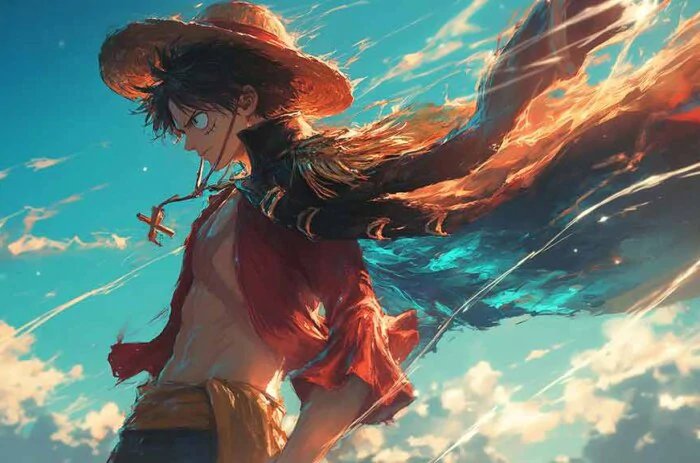 Fond d'écran d'action One Piece Monkey D. Luffy 4K montrant le capitaine pirate dans une pose dramatique sur fond de ciel turquoise vibrant, avec une veste rouge fluide et un chapeau de paille.