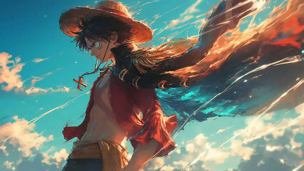 Fond d'écran d'action One Piece Monkey D. Luffy 4K montrant le capitaine pirate dans une pose dramatique sur fond de ciel turquoise vibrant, avec une veste rouge fluide et un chapeau de paille.