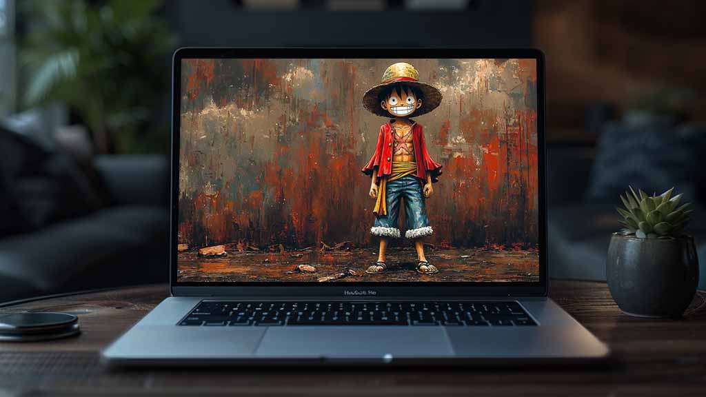 Monkey D. Luffy de One Piece, debout et confiant avec son chapeau de paille emblématique, sa chemise rouge et son pantalon bleu, fond d'écran 4k ultra HD à télécharger gratuitement pour Pc 1 téléphone portable